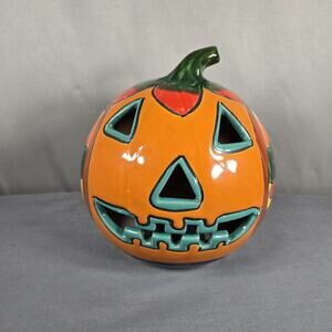 Blue Orange Pottery Talavera 9" Jack O Lantern Pumpkin Luminary Mexico Decor